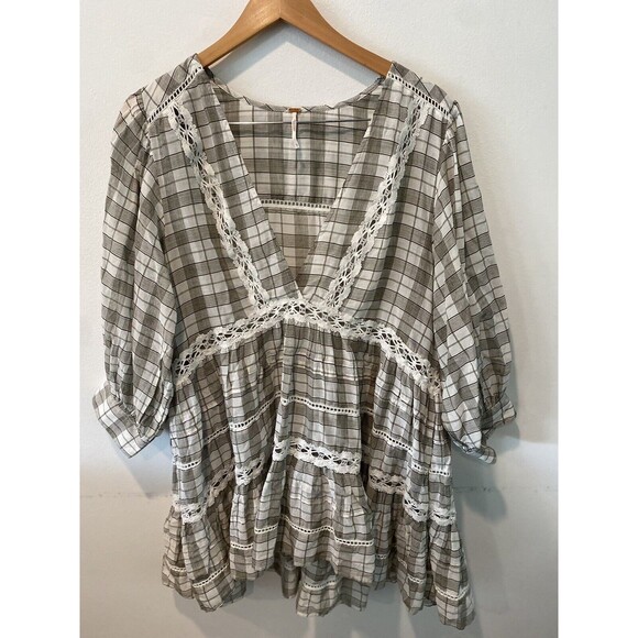 Free People Womens Time Out Ivory Eyelet V-Neck Tunic Top Shirt Large - Picture 5 of 8